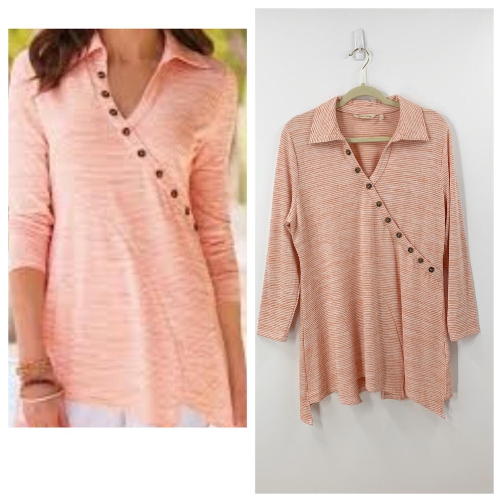 Soft Surroundings Tamara Asymmetrical Hem Striped Tunic in Melon Sz L